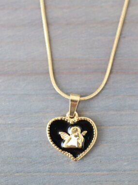 Heart Shape with Angel Pendant Necklace 18k Gold Plated Stainless Steel